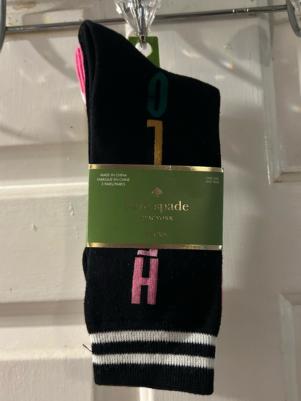 kate spade Black Crew Socks with Pink and Teal Lettering